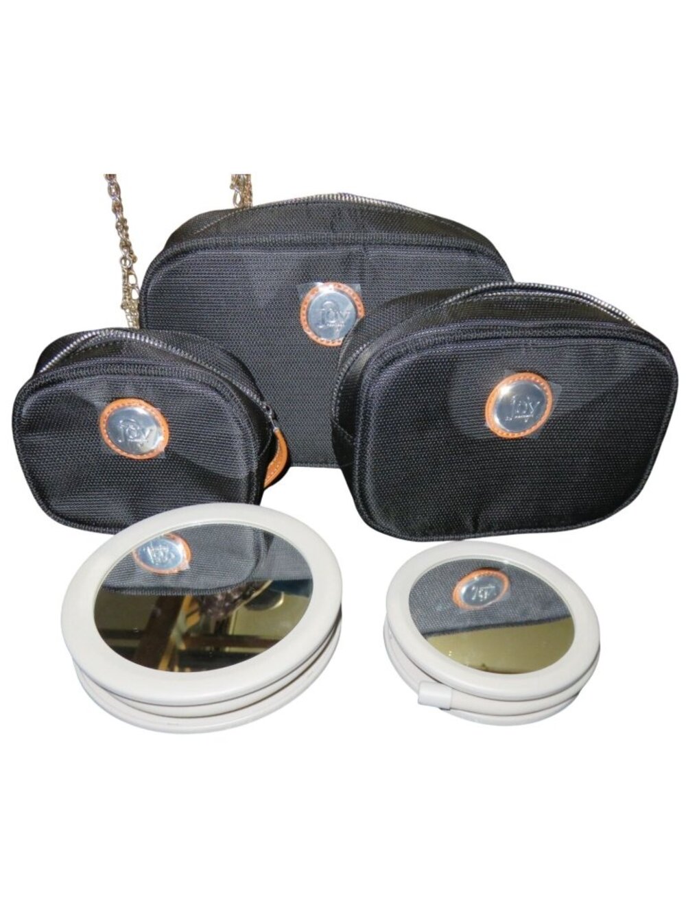 Joy Mangano JM Black NY Beauty Set of Cosmetic Cases and Hook mirrors & dustbags